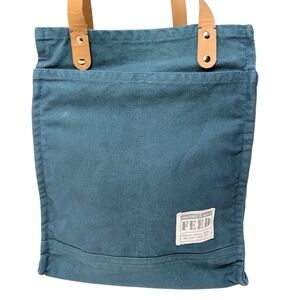 FEED Projects Teal Blue Canvas Market Tote Bag Leather Handles Pockets